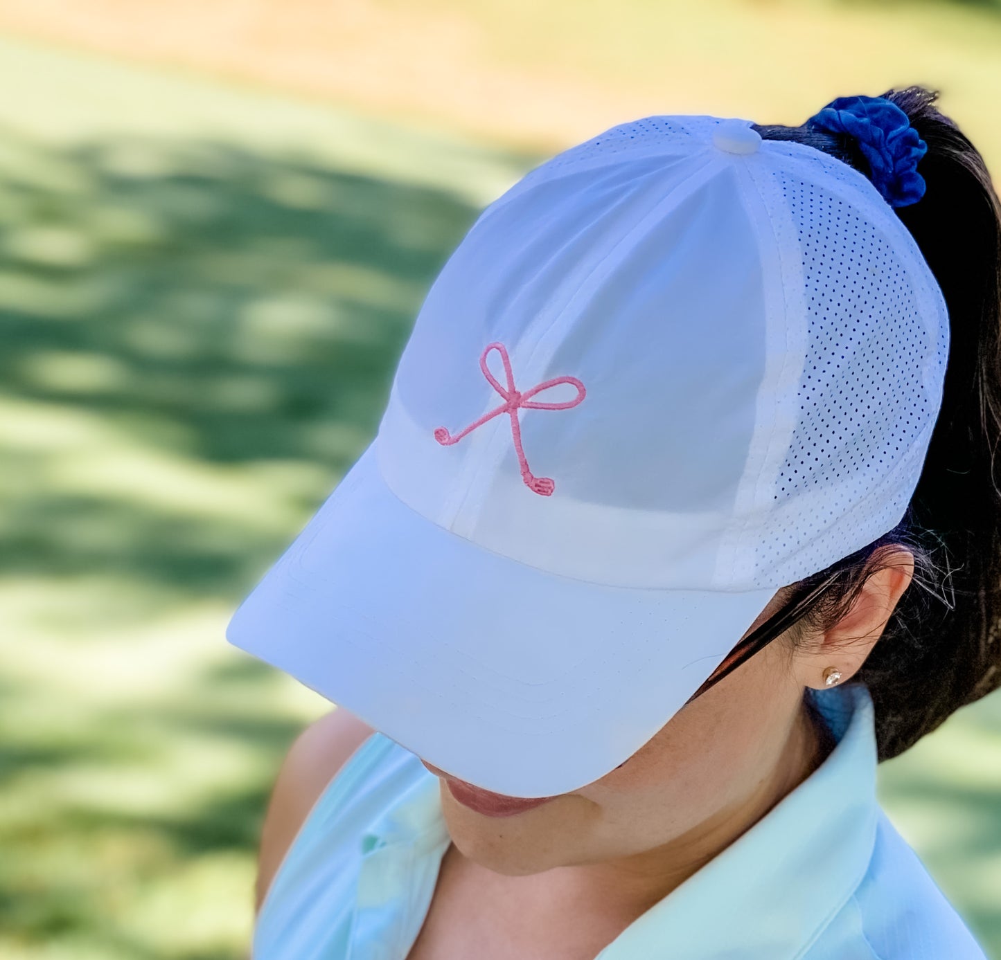 Golf Bow ~ Solid White Cap w/ Embroidered Bow